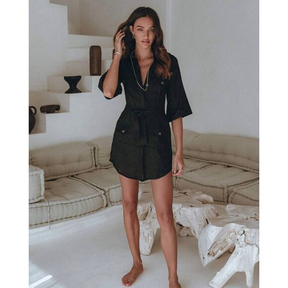 EUC Pampelone Mae Black Linen Utility Dress Sz Small Button Down 3/4 Sleeve Mini - Picture 4 of 16